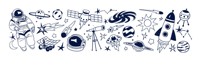 Outer space doodle set. Cosmos flight items: rockets, planets, spaceships, stars, satellites, comets, UFO and spacemen in spacesuit. Flat isolated outline hand drawn vector illustrations on white © Paper Trident