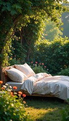 Serene outdoor sleeping space featuring a comfortable bed nestled amongst lush greenery and wildflowers, bathed in soft sunlight Perfect for relaxation and tranquility , calm, sunshine