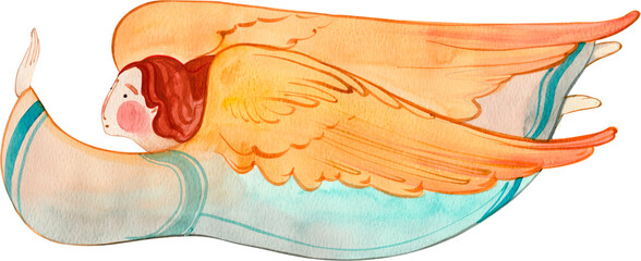 Fototapeta premium Watercolour angel flying a peaceful message, ethereal character on transparent background for Easter decoration and heavenly design