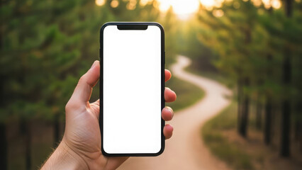 Hand holding smartphone with blank screen on forest road