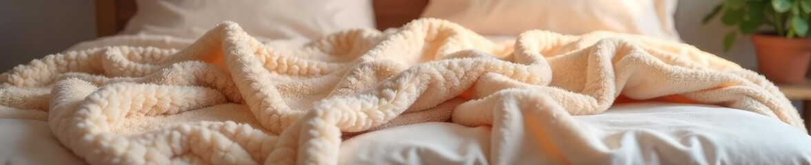 Soft, plush blanket draped over a bed, radiating warmth and comfort; a feeling of gentle, enveloping security , sanctuary, softness, quiet