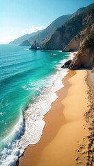 Sun-drenched golden sand meets turquoise ocean waves on a pristine, secluded beach along a dramatic coastline Perfect for travel, vacation, or nature imagery , rays, cliff