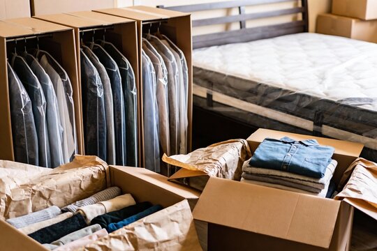 Packing clothes and mattress in cardboard boxes for moving day