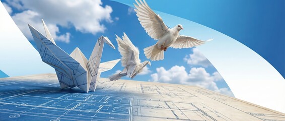 Obraz premium Origami cranes and white doves flying over blueprints, symbolizing new beginnings, freedom, and architectural design concepts Hope and inspiration