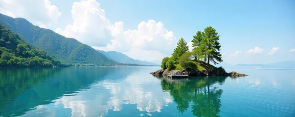 Tranquil scene of a small island dock nestled amongst calm waters, surrounded by lush greenery and clear skies  Perfect for travel, nature, and real estate marketing ,  sunlight,  outdoors,  summer