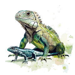 Fototapeta premium watercolor of A Mother Iguana With Her Kid graphic, isolated on a white background.