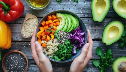 A Colorful and Healthy Vegan Bowl Held by Hands