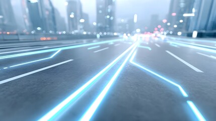 Fototapeta premium Abstract visualization of a futuristic urban highway with glowing blue digital pathways symbolizing smart city technology connectivity and forward movement