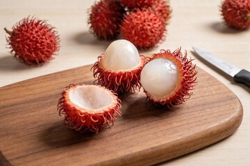 Fresh rambutan fruit, one peeled and cut in half, revealing juicy white flesh on a wooden board