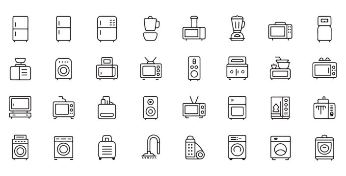 Collection of simple line art icons for various home electronic appliances