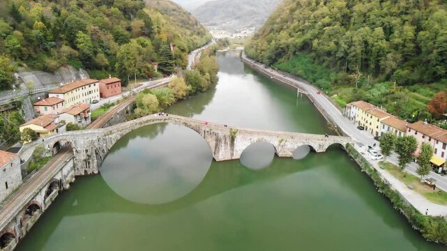Amazing aerial view of Ponte della Maddalena, as known as Devils Bridge, near the town of Lucca, Tuscany