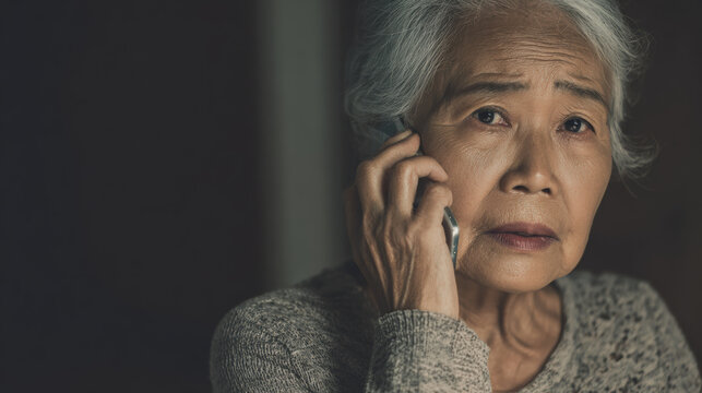 Elderly woman phone fraud scam worried anxiety communication portrait, senior listening to caller about money risk at home
