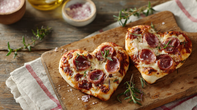 Heart pizza mini salami cheese tomato sauce wooden board thyme, rustic romantic homemade snack for date night