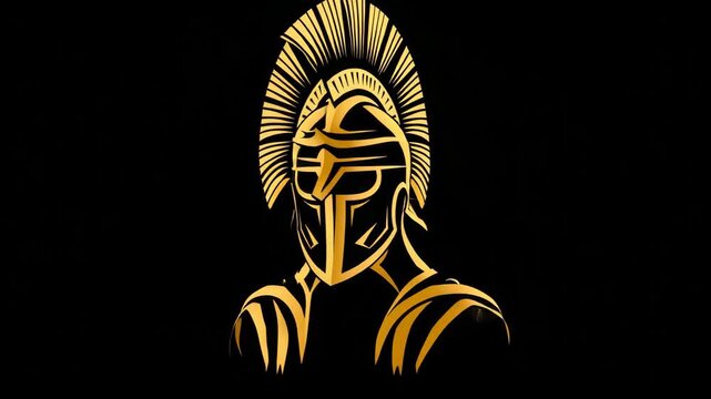 A digital of a Spartan warrior helmet in gold against a dark background.