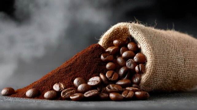 Close up shot steaming ground coffee and beans spilling from burlap bag