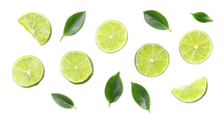 fresh lime slices with green leaves isolated on a white background