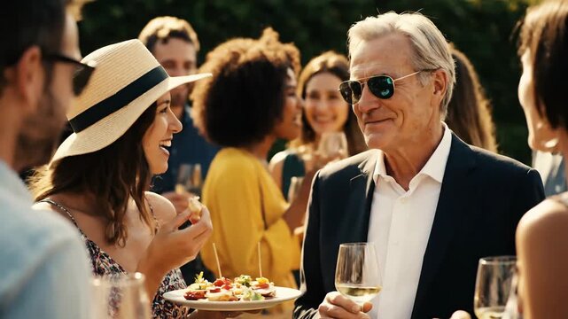 Happy group of diverse people socializing at a luxury outdoor event on a sunny day. Senior man and young woman talking while enjoying white wine and delicious appetizers