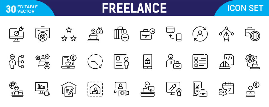 Freelance Line Icon Set &ndash; Freelancer, Work From Home and Productivity Thin Outline Icons Collection Including Graphic Designer and Work-Life Balance
