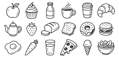 Assortment of delicious food and drink items, including fruits, pastries, beverages, and meals, depicted in a simple, appealing hand-drawn sketch style for various uses © Baizid