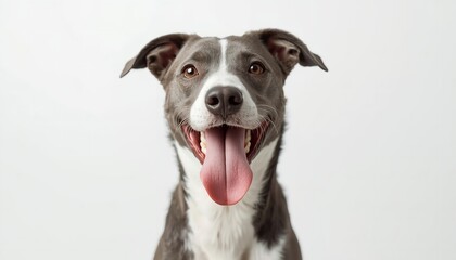 Obraz premium A happy dog with its tongue out is smiling at the camera on a plain background