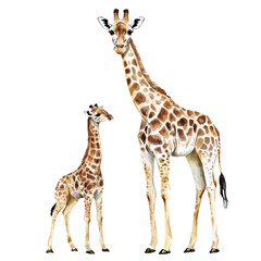 Fototapeta premium watercolor graphic of A Mother Giraffe With Her Kid, isolated on a white background.