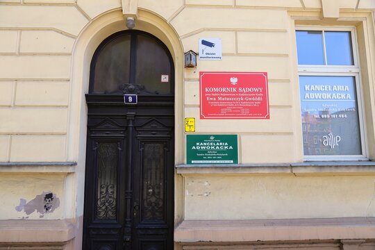 KEDZIERZYN-KOZLE, POLAND - MAY 11, 2021: Court bailiff office (komornik sadowy in Polish) in Kedzierzyn-Kozle, Poland.