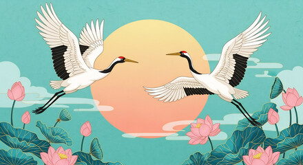 Fototapeta premium Cranes gracefully fly amid lotus blooms in gentle tones