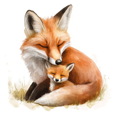 Fototapeta premium A Mother Fox With Her Kid, beautiful watercolor illustration with vivid colors and detailed vector style, isolated on a white background.