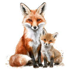 Obraz premium watercolor graphic of A Mother Fox With Her Kid, isolated on a white background.