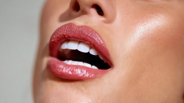 Close-up of a person's open mouth with glossy, red-toned lips and white teeth, focused on detail