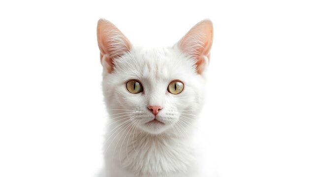 A white cat with yellow eyes and pink nose looking directly at the camera on a plain white background