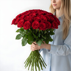 Romantic girl holding large red rose bouquet valentines celebration