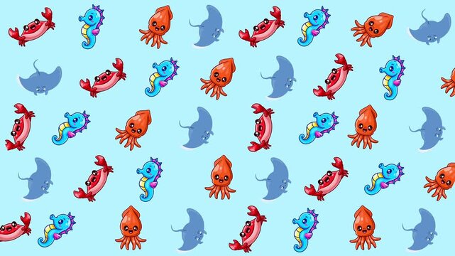 Seahorses, squids, stingrays, and sausages in an aquatic wallpaper pattern. Perfect for marinethemed designs and underwaterinspired projects.