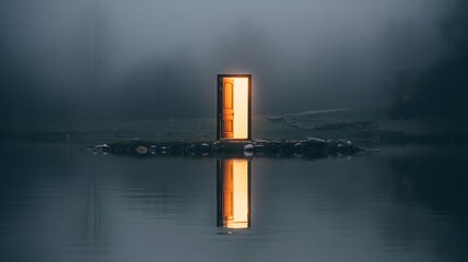 Obraz premium A glowing door standing open on a small rocky island in a serene lake on a foggy day
