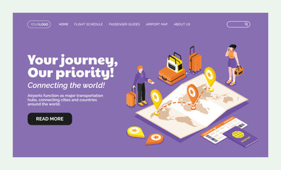 Airport travel landing page in isometric illustration