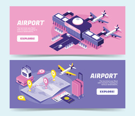Airport travel horizontal banner in isometric illustration style