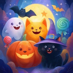 Fototapeta premium Colorful Halloween characters gather joyfully in a whimsical nighttime landscape with candy and decorations