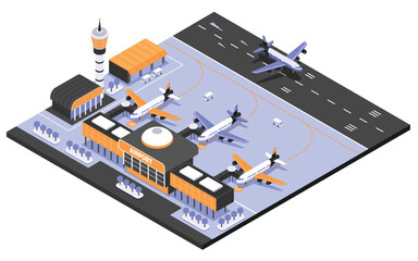 Airport travel scene composition in isometric illustration