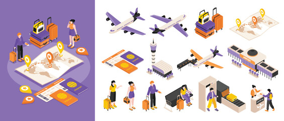 Airport travel icons collection in isometric illustration