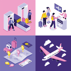 Airport travel promotional composition in isometric illustration