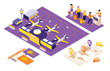 Airport travel mini compositions in isometric illustration