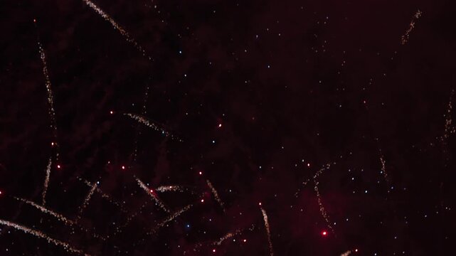 Video footage of a spectacular fireworks display. The scene starts with single bursts, builds to a grand finale with multiple colorful explosions, and ends with fading embers in the dark night sky.