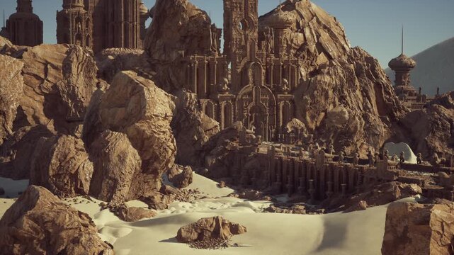 sunlit desert ruins with sandstone fortress, panoramic view of crumbling blocky architecture, sandcovered pillars and winding stairways, warm golden light