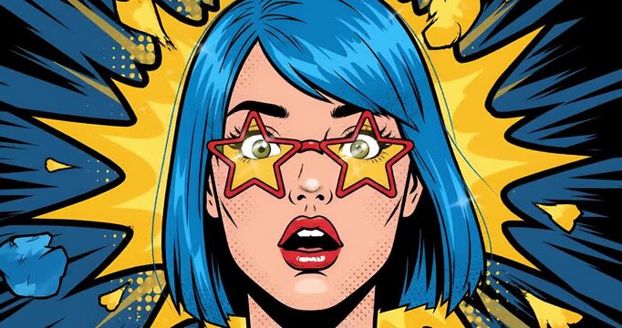 Surprised pop art woman face with star glasses