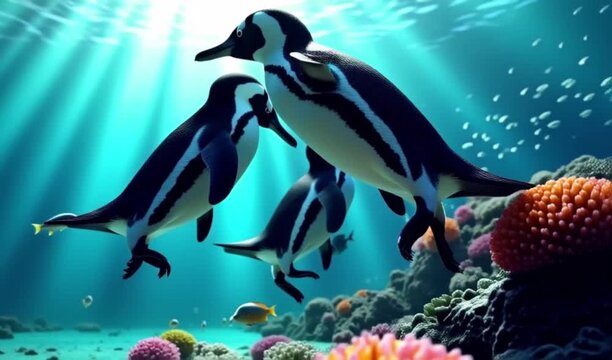 An underwater scene of three penguins swimming near a vibrant coral reef, illuminated by sunlight in clear blue water, 4K Video