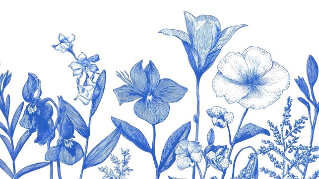 Hand drawn ic sketch featuring a variety of delicate blue wildflowers and botanical elements presented on a clean white backdrop with intricate line work