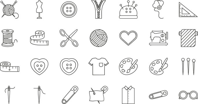 Sewing and tailoring line icon set including buttons, scissors, thread, needle, machine and fashion design tools
