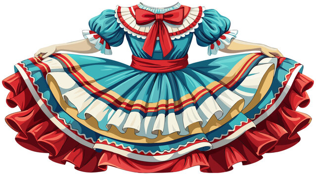 Very beautiful close-up of a classic American square dance women&rsquo;s dress with ruffled fabric and decorative stitching, isolated on white background, celebrating folk tradition and festive cultural fas