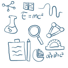 Vector collection of science and chemistry icons featuring a doodle sketch set of glass bottles and vintage laboratory symbols in a seamless pattern design