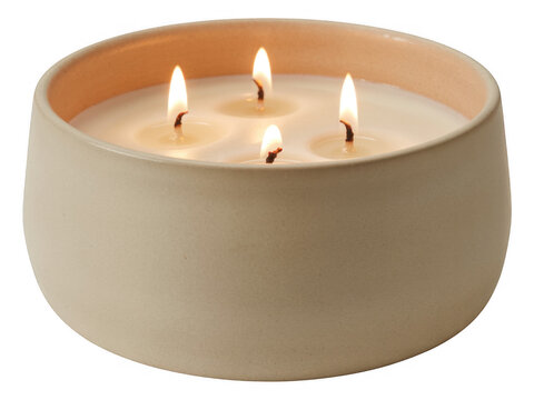 White candle with three lit wicks flame isolated on a transparent background